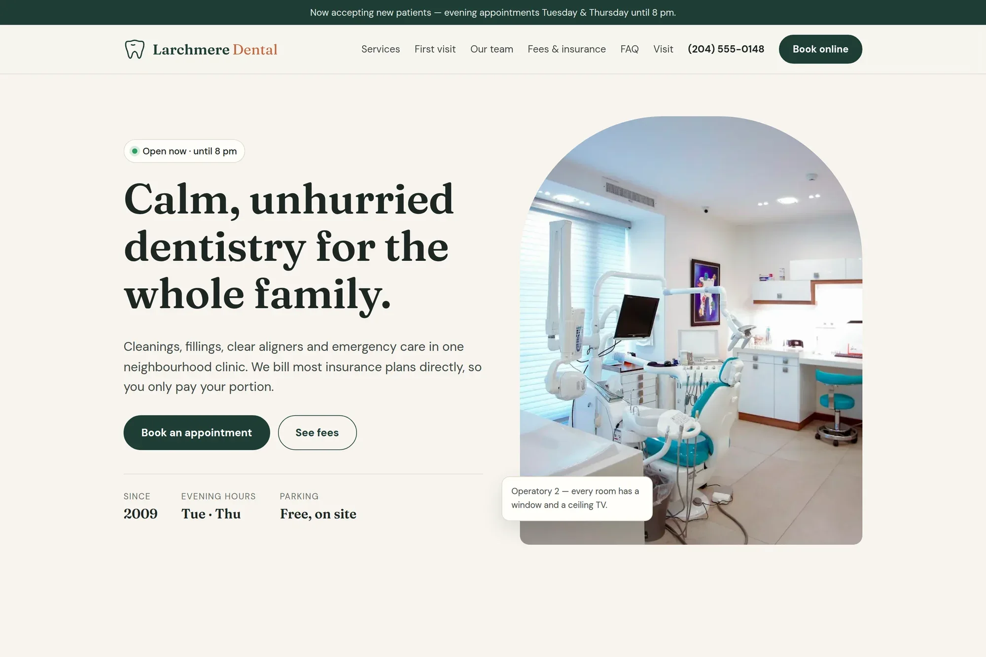 Larchmere Dental home page with live open-now status and arched hero photo
