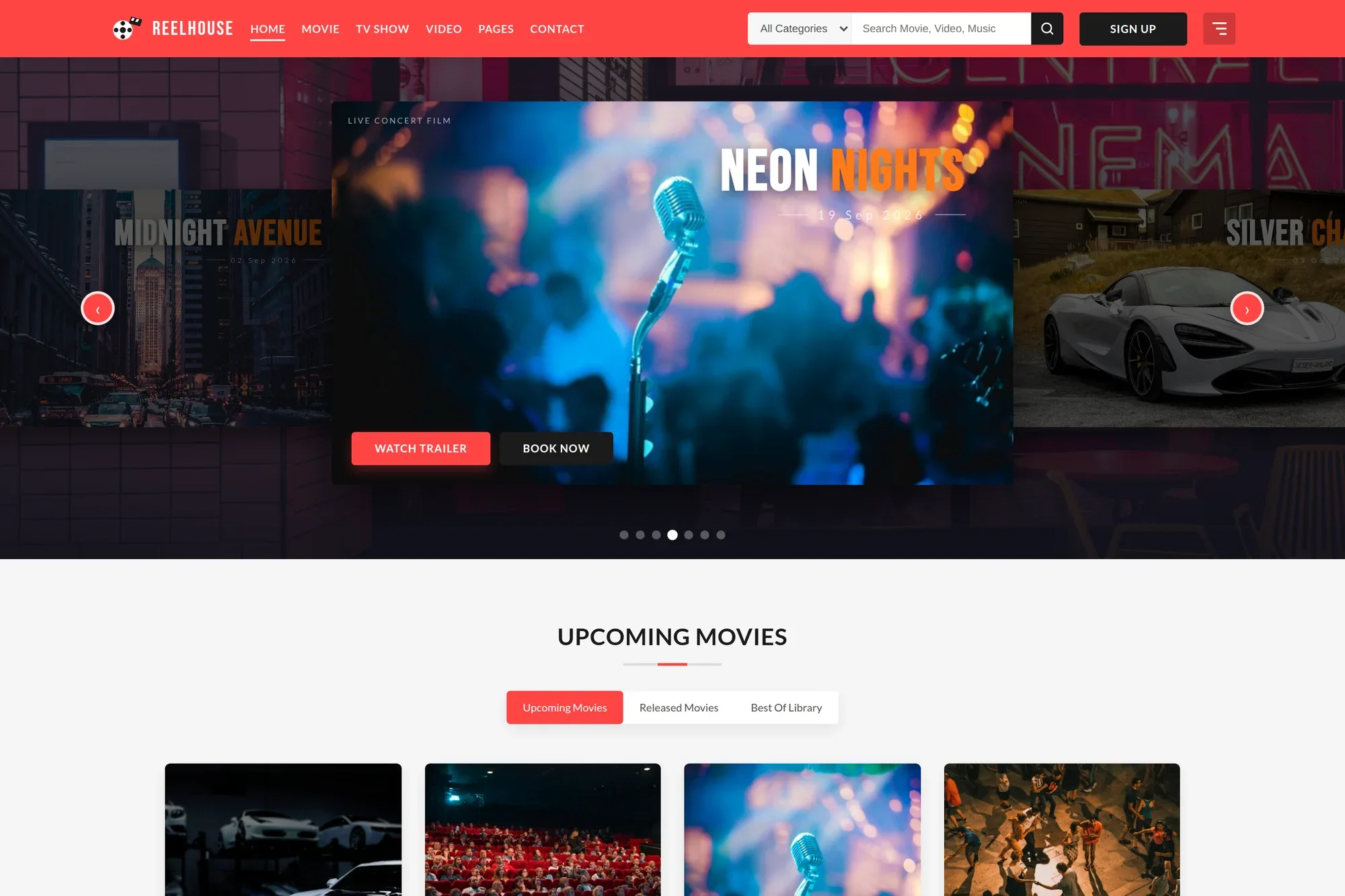 Reelhouse movie website home page with hero carousel and upcoming movies grid