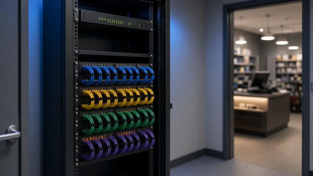 Retail back-office rack with firewall and color-coded VLAN patch cabling