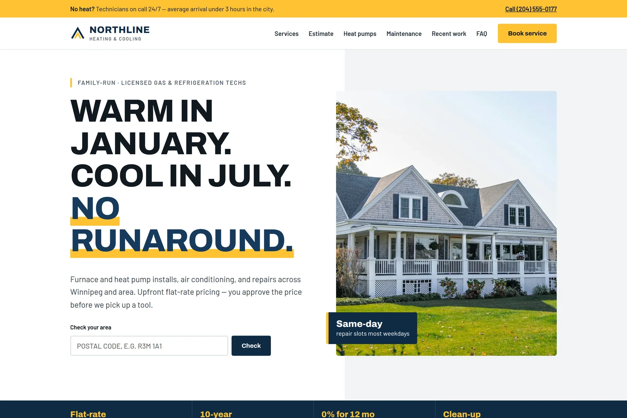 Northline Heating & Cooling home page with emergency bar and postal-code check