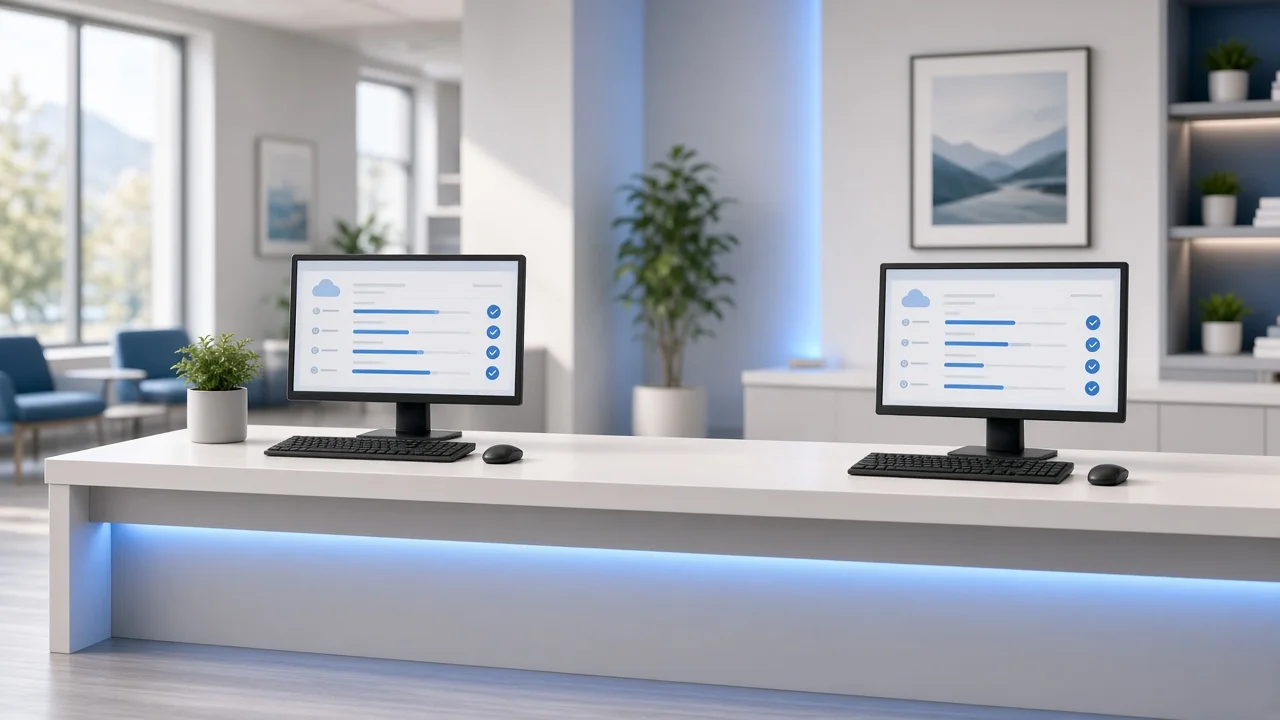 Clinic front desk workstations showing Microsoft 365 migration progress