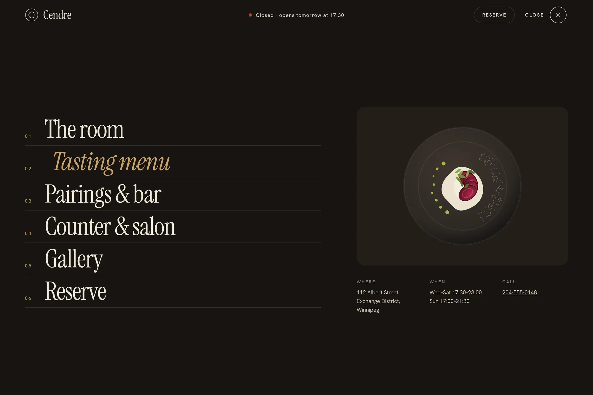 Full-screen overlay menu with large serif links and a live preview