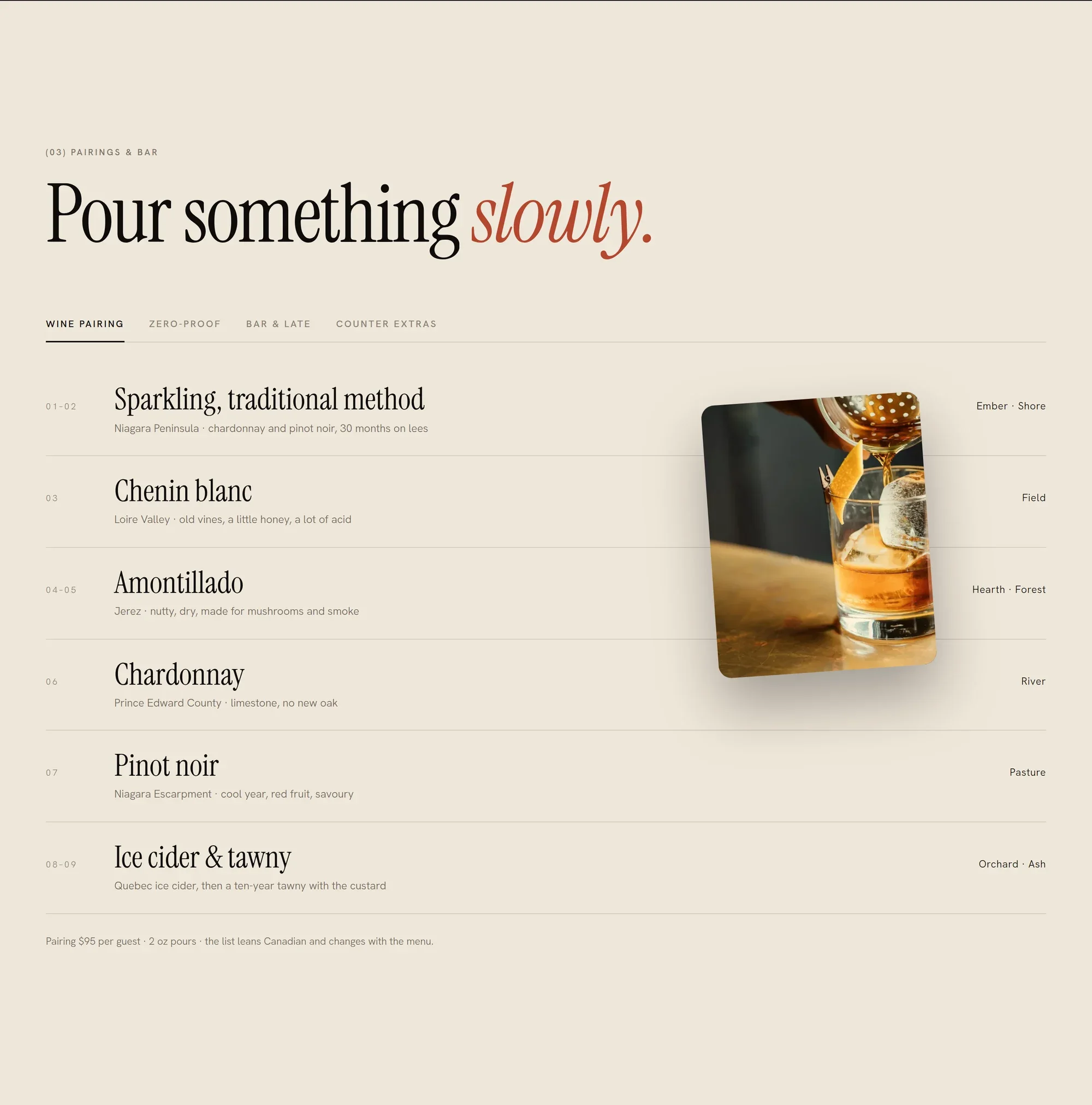 Wine pairing list with tabs and an image preview that follows the pointer