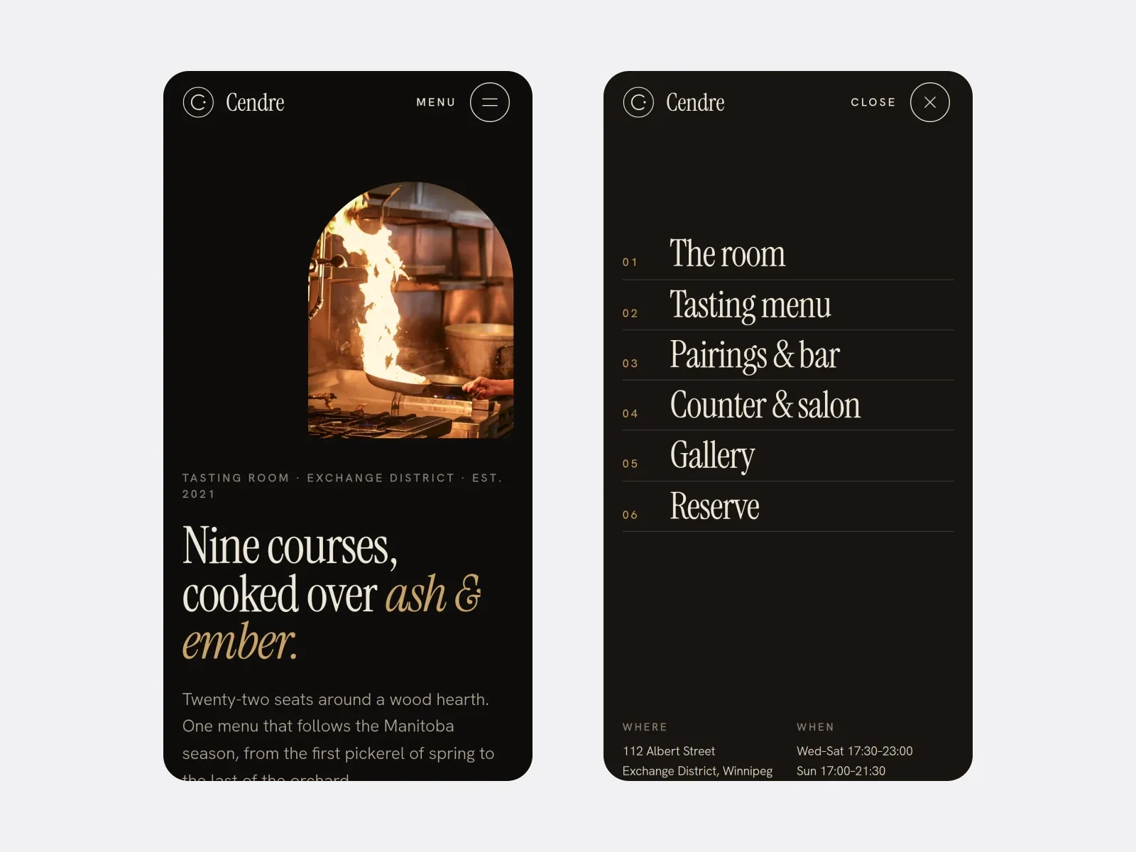 Cendre on a 390px phone: home screen and the full-screen menu
