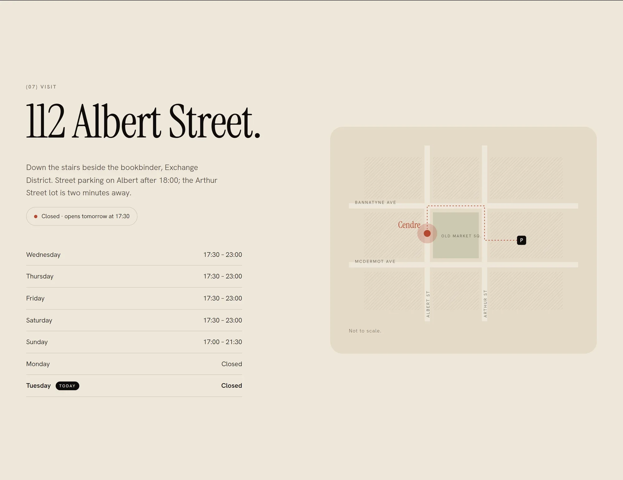 Visit section with weekly hours, today highlighted and an illustrated map